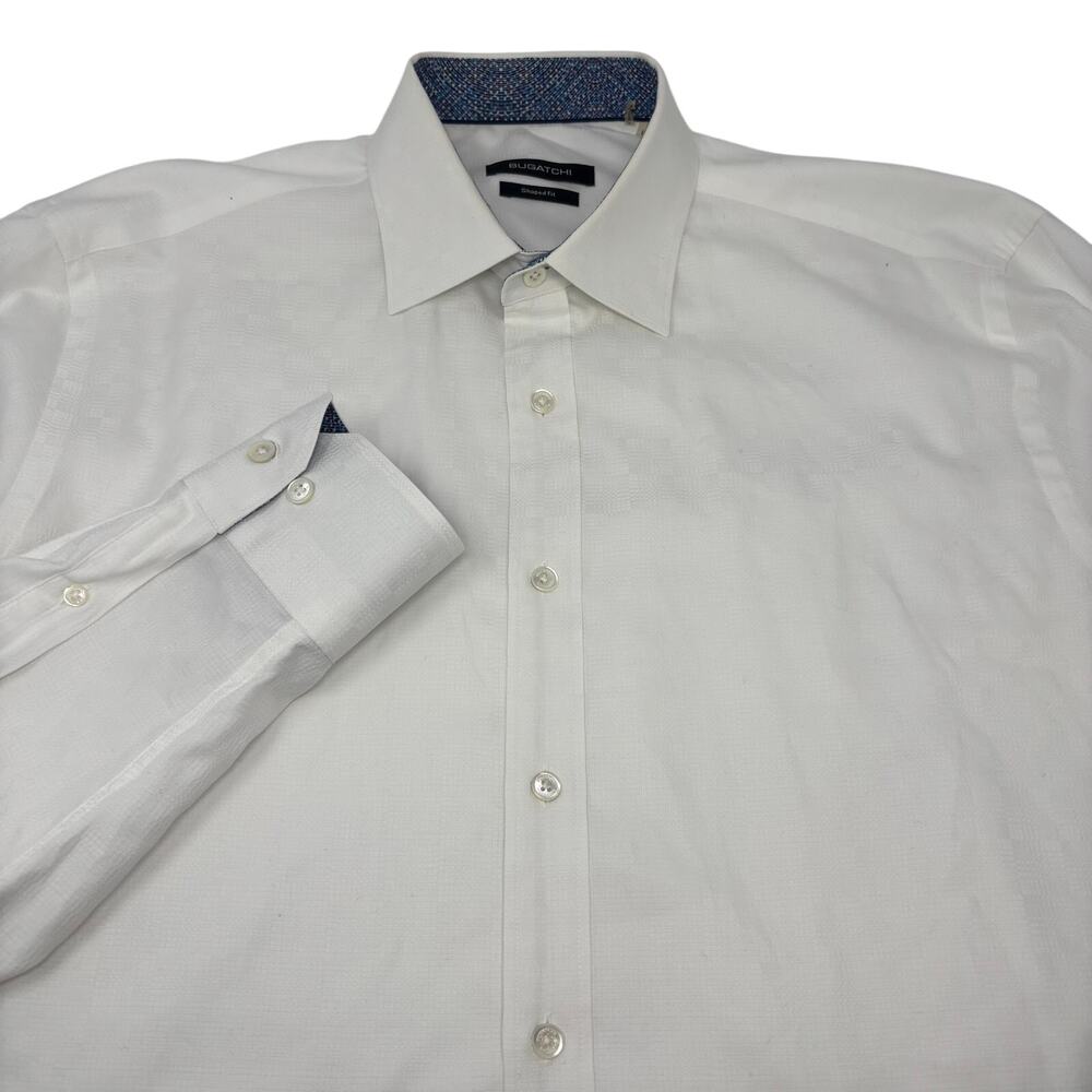 Bugatchi Large Solid White Squared Pattern Long Sleeve Flip Cuff Button Up Shirt
